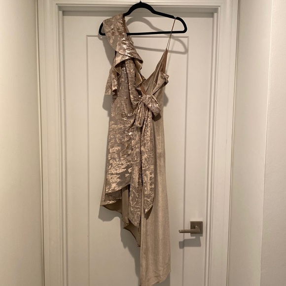 Self-Portrait Gold Velvet Devore Asymmetrical Wrap Dress - Size 4 - Picture 4 of 9